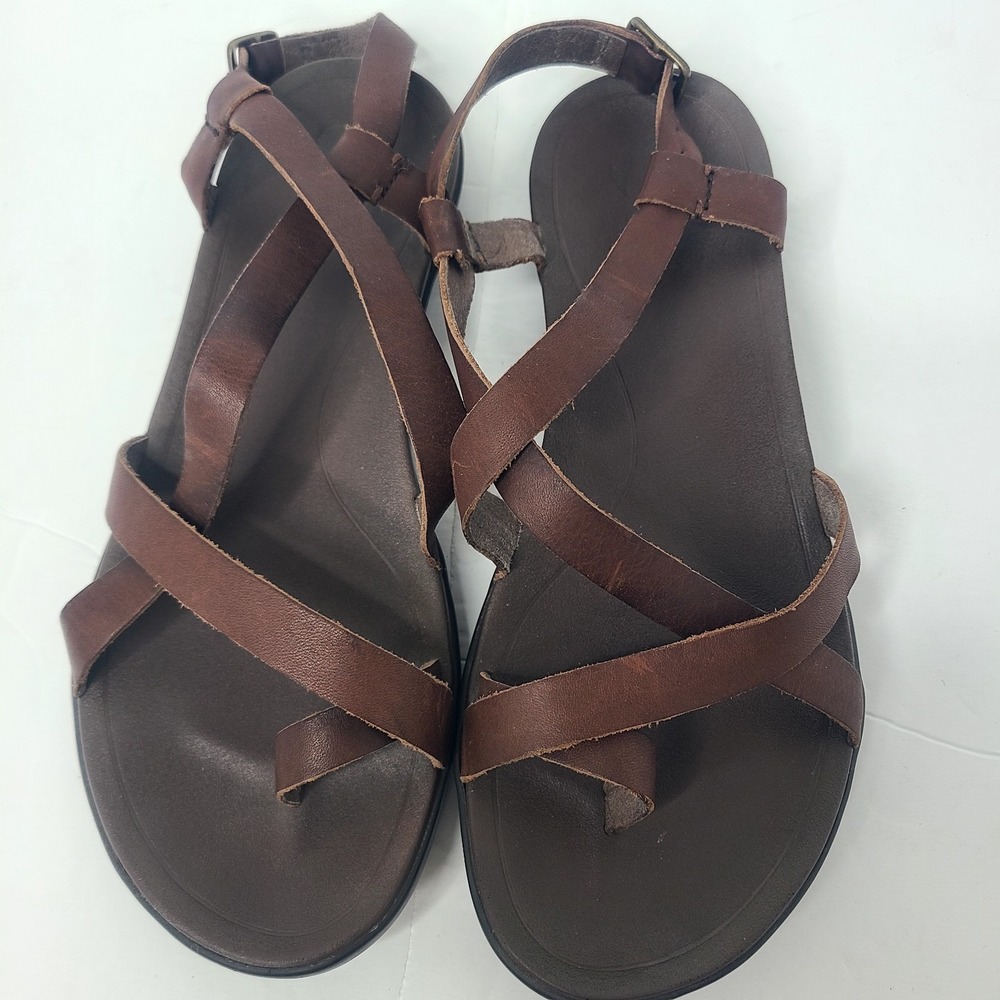 Olukai Upena Sandals Women's 9 Brown Leather Toe Loop Criss Cross Strappy - Picture 6 of 9